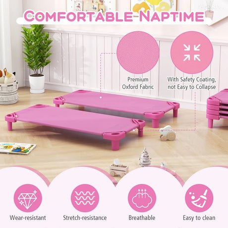 Kids Stackable Daycare Cot Pack of 6 with Detachable Oxford Cloth-Pink