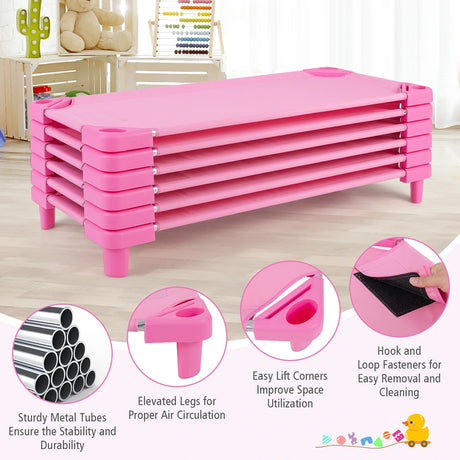 Kids Stackable Daycare Cot Pack of 6 with Detachable Oxford Cloth-Pink
