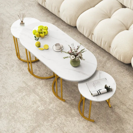Stacking Side Tables with Faux Marble Tabletop and Powder-coated Gold Metal Frame-White