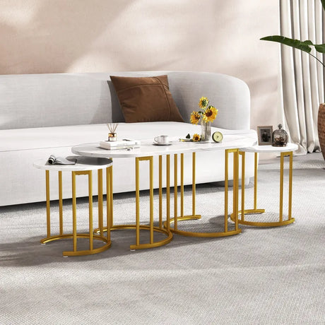 Stacking Side Tables with Faux Marble Tabletop and Powder-coated Gold Metal Frame-White
