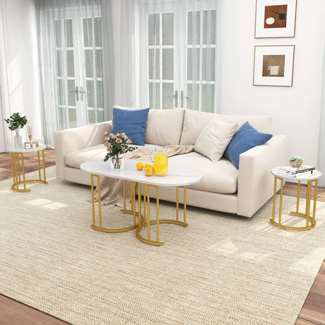 Stacking Side Tables with Faux Marble Tabletop and Powder-coated Gold Metal Frame-White