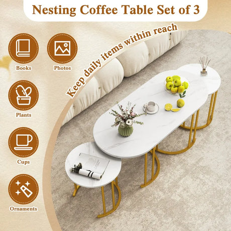 Stacking Side Tables with Faux Marble Tabletop and Powder-coated Gold Metal Frame-White