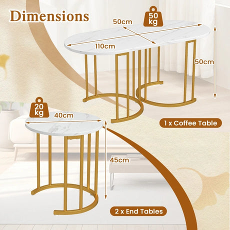 Stacking Side Tables with Faux Marble Tabletop and Powder-coated Gold Metal Frame-White