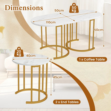 Stacking Side Tables with Faux Marble Tabletop and Powder-coated Gold Metal Frame-White