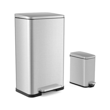 10.5 Gal and 1.6 Gal Step Trash Can Combo Set with Detachable Inner Buckets-Silver