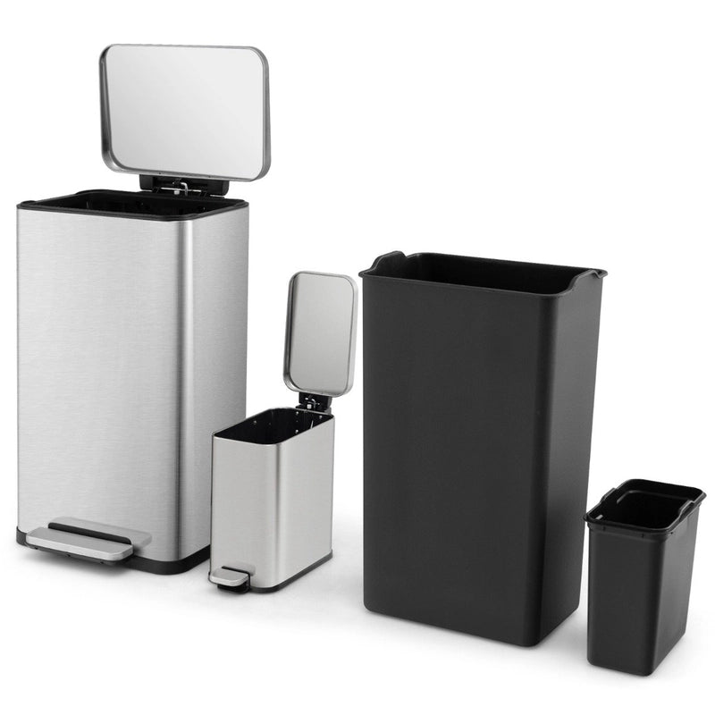 10.5 Gal and 1.6 Gal Step Trash Can Combo Set with Detachable Inner Buckets-Silver