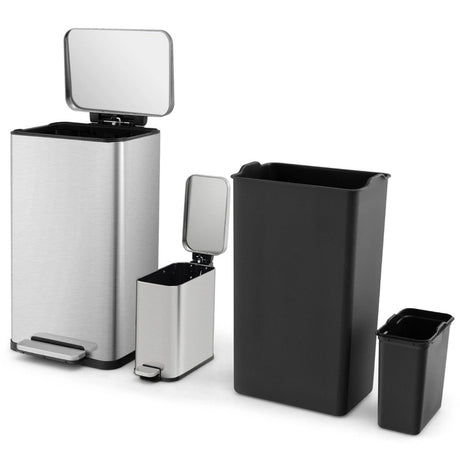 10.5 Gal and 1.6 Gal Step Trash Can Combo Set with Detachable Inner Buckets-Silver