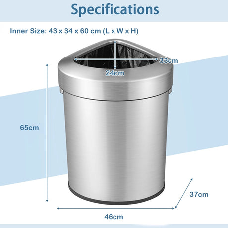 60L Stainless Corner Steel Trash Bin with Lid and Anti-slip Bottom-Silver
