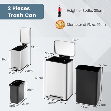 10.5 Gal and 1.6 Gal Step Trash Can Combo Set with Detachable Inner Buckets-Silver