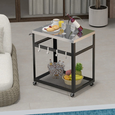 2-Tier Stainless Steel Grill Cart with 4 Hooks and Wheels BBQ Table-Black