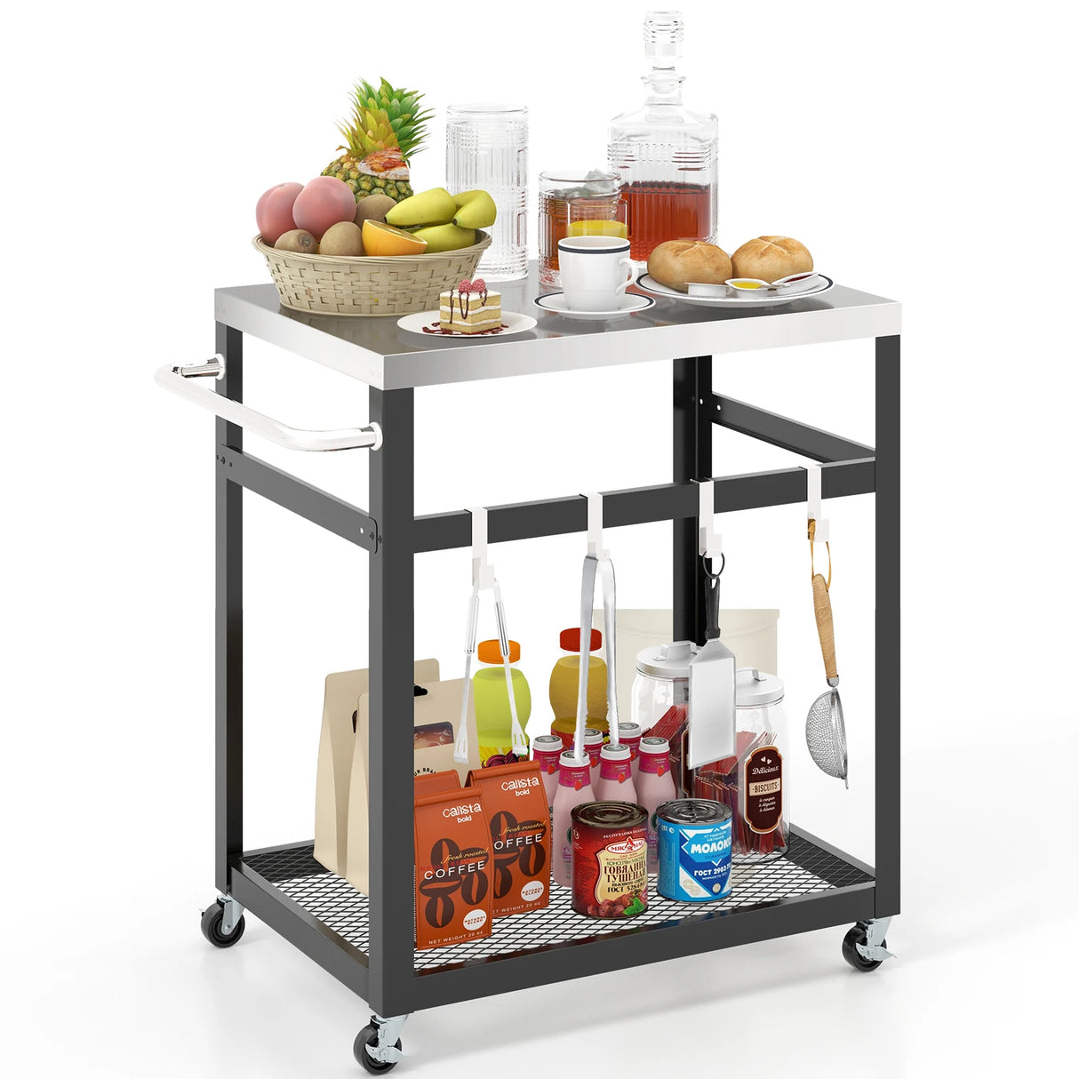 2-Tier Stainless Steel Grill Cart with 4 Hooks and Wheels BBQ Table-Black