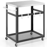 2-Tier Stainless Steel Grill Cart with 4 Hooks and Wheels BBQ Table-Black