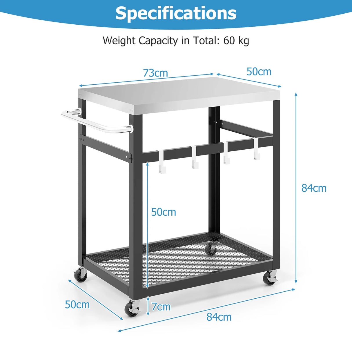 2-Tier Stainless Steel Grill Cart with 4 Hooks and Wheels BBQ Table-Black