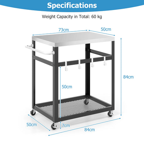 2-Tier Stainless Steel Grill Cart with 4 Hooks and Wheels BBQ Table-Black