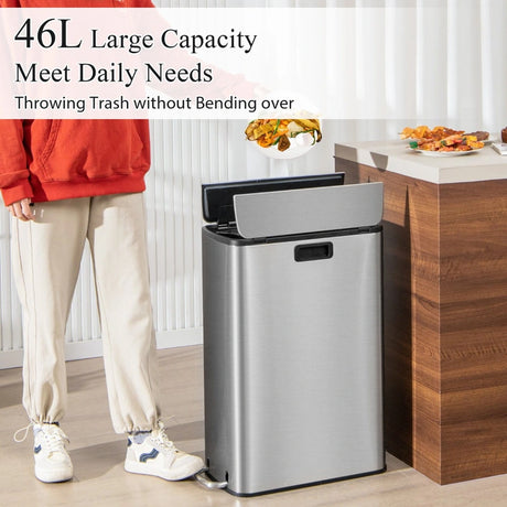 12 Gal Stainless Steel Trash Can with Soft-Closing Wing Lids-Silver