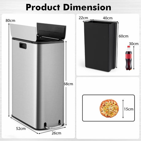 12 Gal Stainless Steel Trash Can with Soft-Closing Wing Lids-Silver