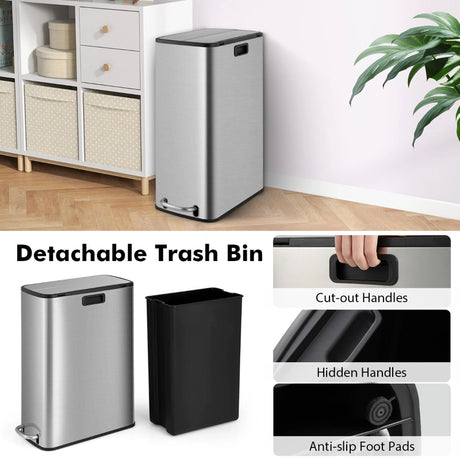 12 Gal Stainless Steel Trash Can with Soft-Closing Wing Lids-Silver