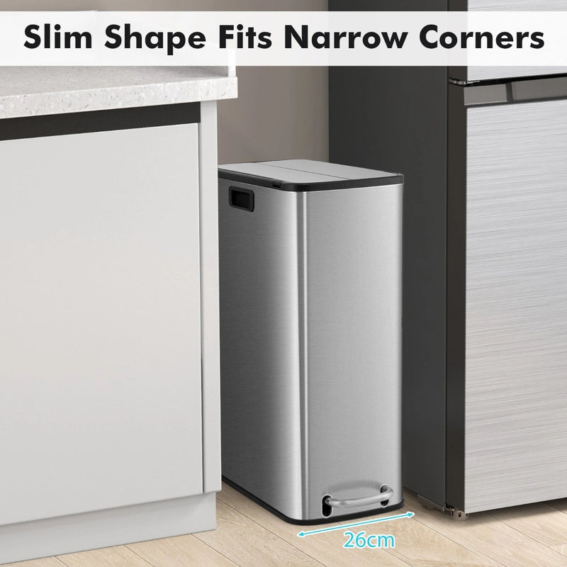 12 Gal Stainless Steel Trash Can with Soft-Closing Wing Lids-Silver