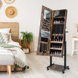 3-Color 46 LED Lights Mirror Jewelry Cabinet Armoire Adjustable Height with Wheels-Brown