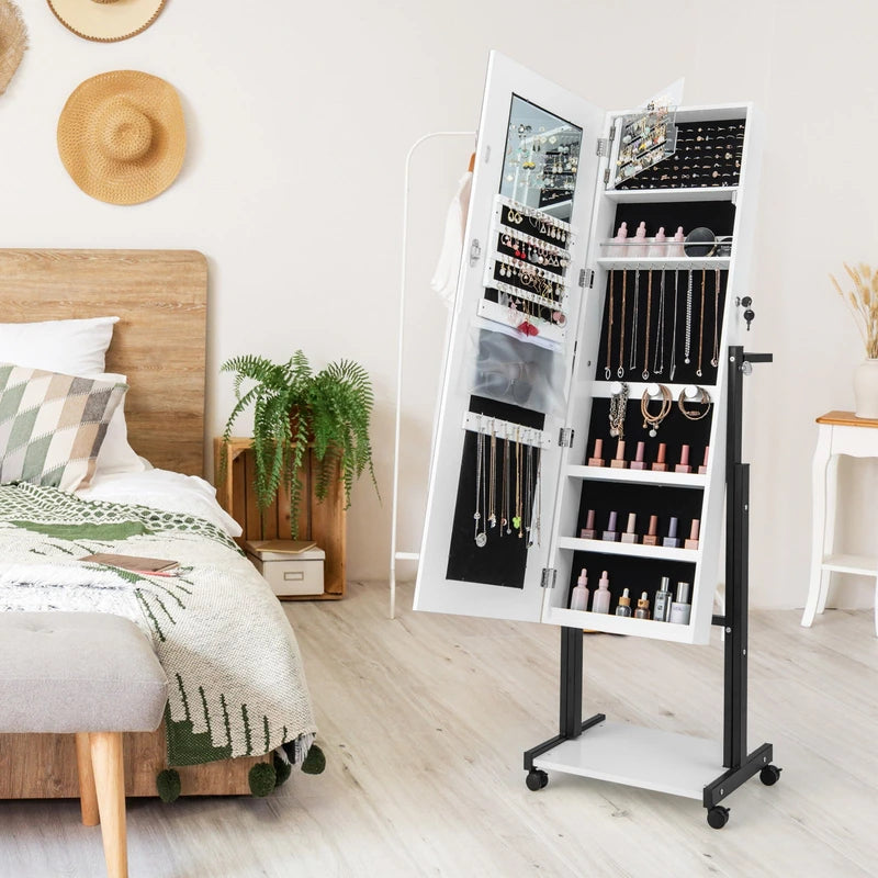 3-Color 46 LED Lights Mirror Jewelry Cabinet Armoire Adjustable Height with Wheels-White