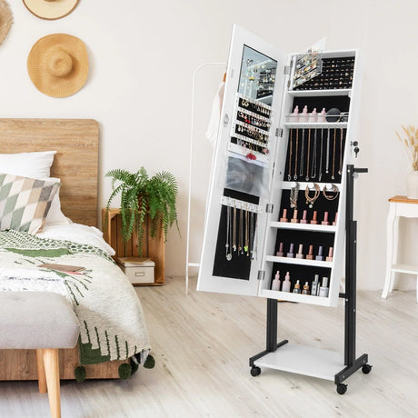 3-Color 46 LED Lights Mirror Jewelry Cabinet Armoire Adjustable Height with Wheels-White