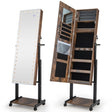 3-Color 46 LED Lights Mirror Jewelry Cabinet Armoire Adjustable Height with Wheels-Brown