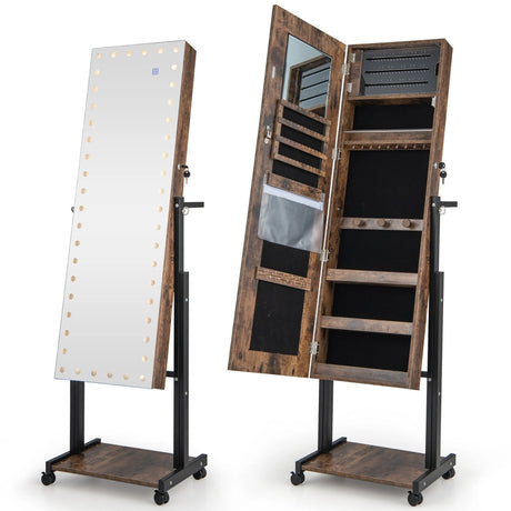 3-Color 46 LED Lights Mirror Jewelry Cabinet Armoire Adjustable Height with Wheels-Brown