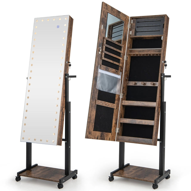 3-Color 46 LED Lights Mirror Jewelry Cabinet Armoire Adjustable Height with Wheels-Brown