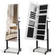 3-Color 46 LED Lights Mirror Jewelry Cabinet Armoire Adjustable Height with Wheels-White