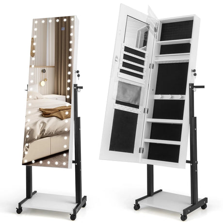 3-Color 46 LED Lights Mirror Jewelry Cabinet Armoire Adjustable Height with Wheels-White