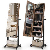 3-Color 46 LED Lights Mirror Jewelry Cabinet Armoire Adjustable Height with Wheels-Brown