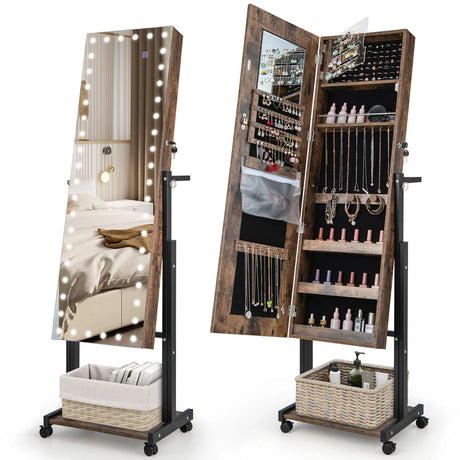 3-Color 46 LED Lights Mirror Jewelry Cabinet Armoire Adjustable Height with Wheels-Brown