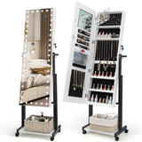 3-Color 46 LED Lights Mirror Jewelry Cabinet Armoire Adjustable Height with Wheels-White