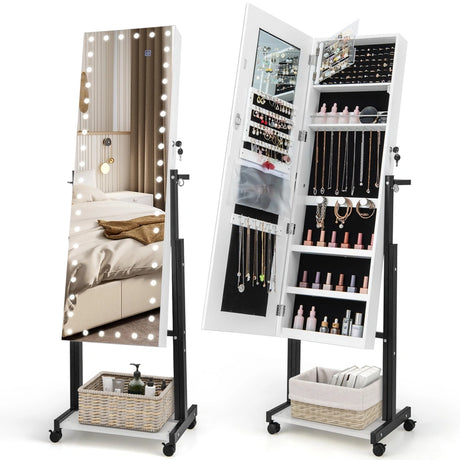 3-Color 46 LED Lights Mirror Jewelry Cabinet Armoire Adjustable Height with Wheels-White