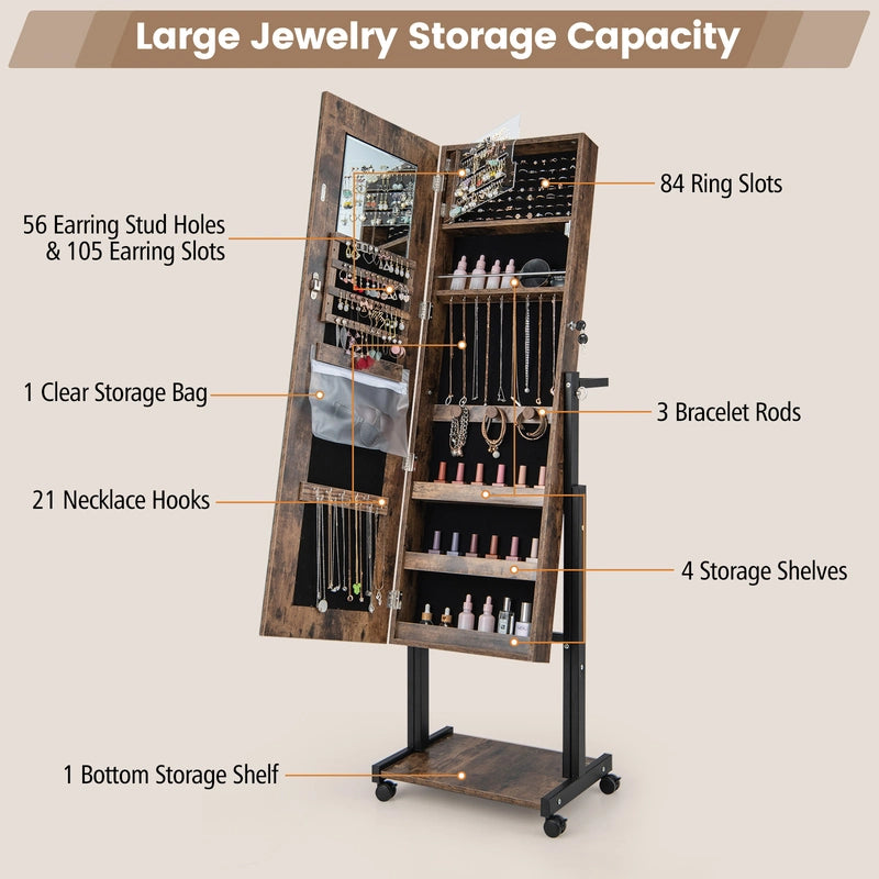 3-Color 46 LED Lights Mirror Jewelry Cabinet Armoire Adjustable Height with Wheels-Brown