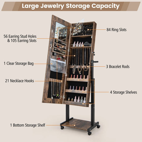 3-Color 46 LED Lights Mirror Jewelry Cabinet Armoire Adjustable Height with Wheels-Brown