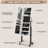 3-Color 46 LED Lights Mirror Jewelry Cabinet Armoire Adjustable Height with Wheels-White