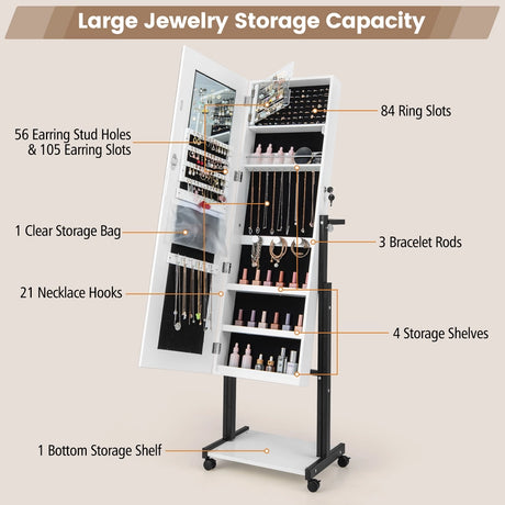 3-Color 46 LED Lights Mirror Jewelry Cabinet Armoire Adjustable Height with Wheels-White
