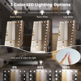 3-Color 46 LED Lights Mirror Jewelry Cabinet Armoire Adjustable Height with Wheels-Brown