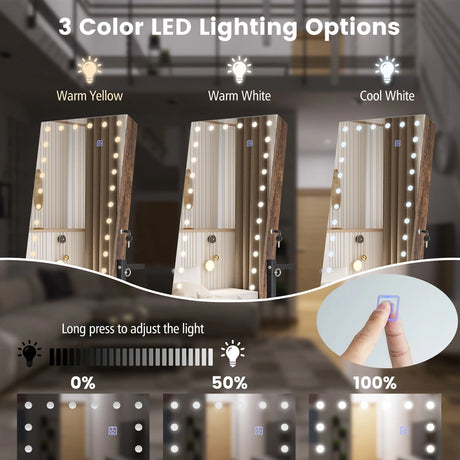 3-Color 46 LED Lights Mirror Jewelry Cabinet Armoire Adjustable Height with Wheels-Brown