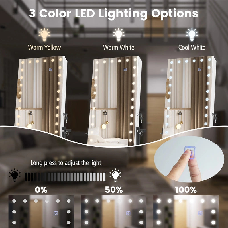 3-Color 46 LED Lights Mirror Jewelry Cabinet Armoire Adjustable Height with Wheels-White