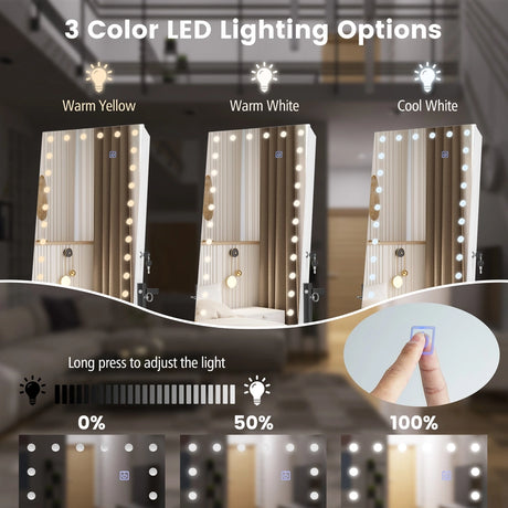 3-Color 46 LED Lights Mirror Jewelry Cabinet Armoire Adjustable Height with Wheels-White