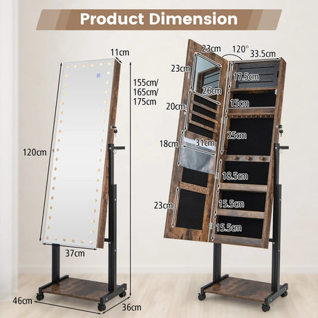 3-Color 46 LED Lights Mirror Jewelry Cabinet Armoire Adjustable Height with Wheels-Brown