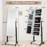 3-Color 46 LED Lights Mirror Jewelry Cabinet Armoire Adjustable Height with Wheels-White