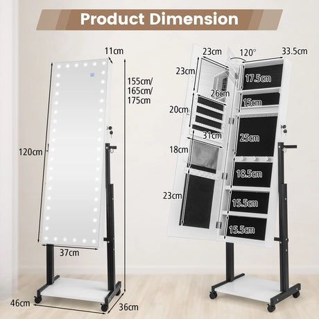 3-Color 46 LED Lights Mirror Jewelry Cabinet Armoire Adjustable Height with Wheels-White