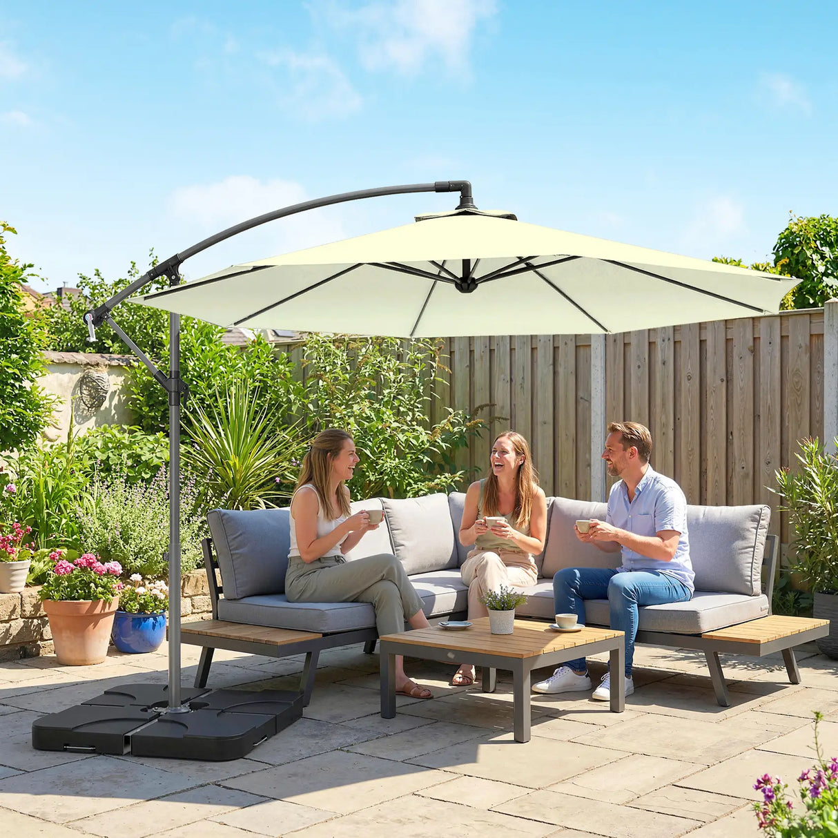 Outsunny 3m Overhanging Parasol, with Base, Weights and Cover - Beige