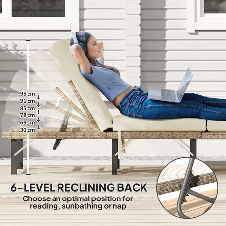 Outsunny Single Folding Rattan Sun Lounger, with Cushion - Grey