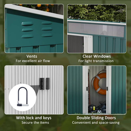 Outsunny 6.5 x 4FT Galvanised Metal Shed with Foundation Kit, Lockable Tool Garden Shed with Double Sliding Doors, Vents, Green