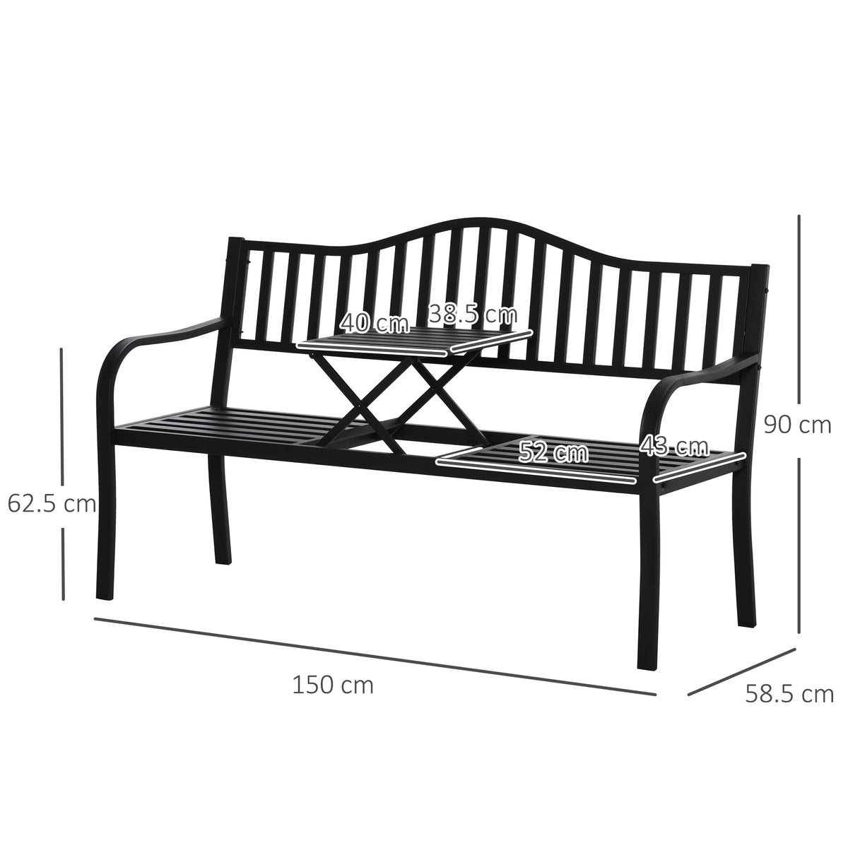 Outsunny Metal Outdoor Bench with Liftable Middle Table, Patio Loveseat, Garden Bench for Garden, Porch, Seats 23 People, Black