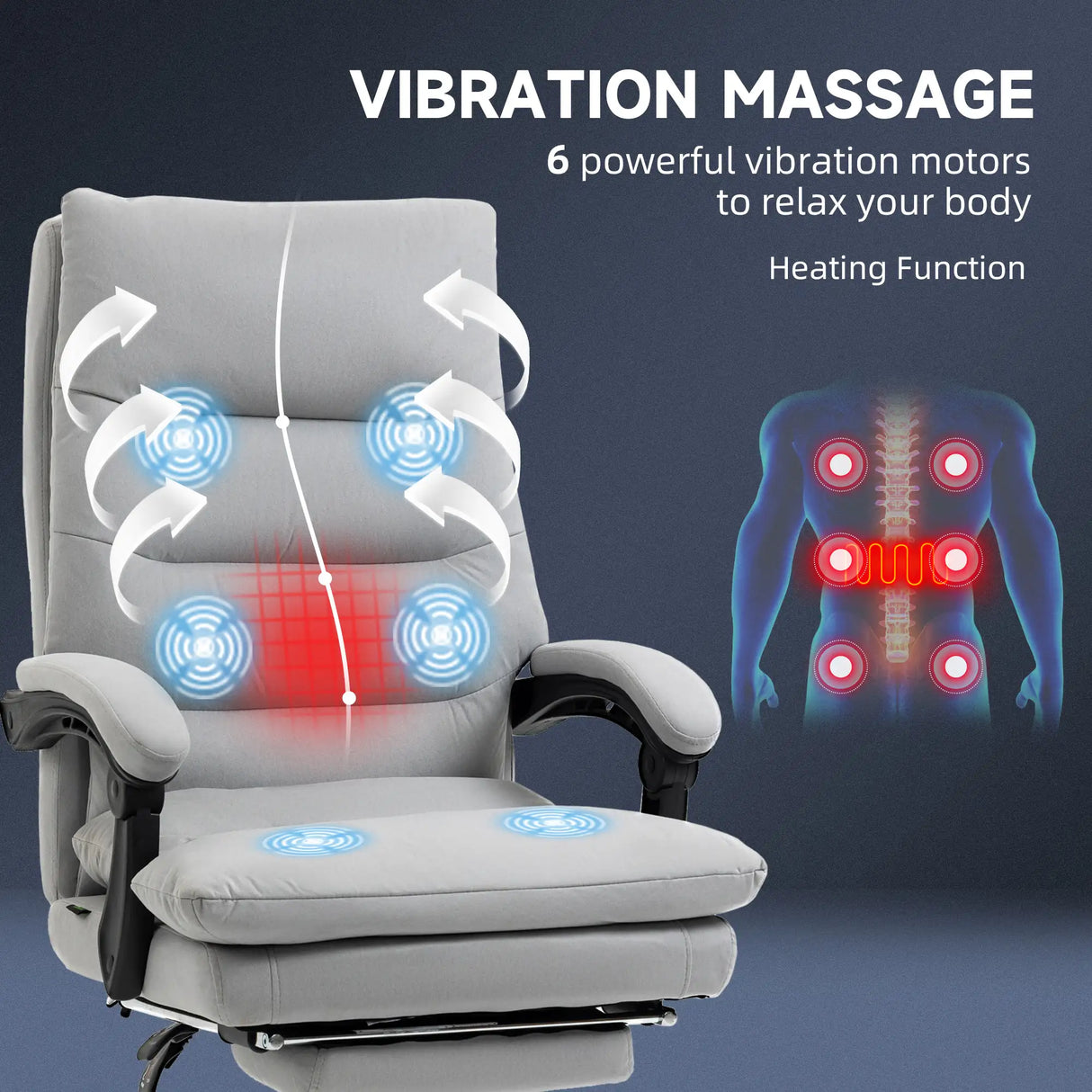 Vinsetto Office Chair with Footrest, Double Padding Ergonomic Desk Chair with 6-Point Vibration Massage and Back Heating, Microfibre Fabric with 135 Reclining Back, Grey